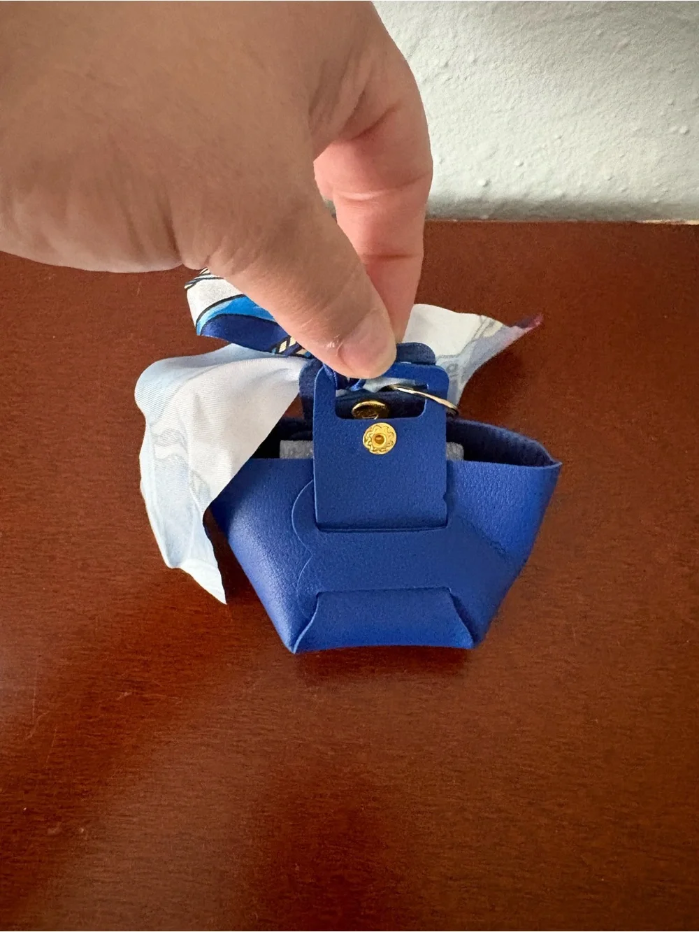 Blue Mini Leather Purse Charm/ Keychain with Scarf Accent